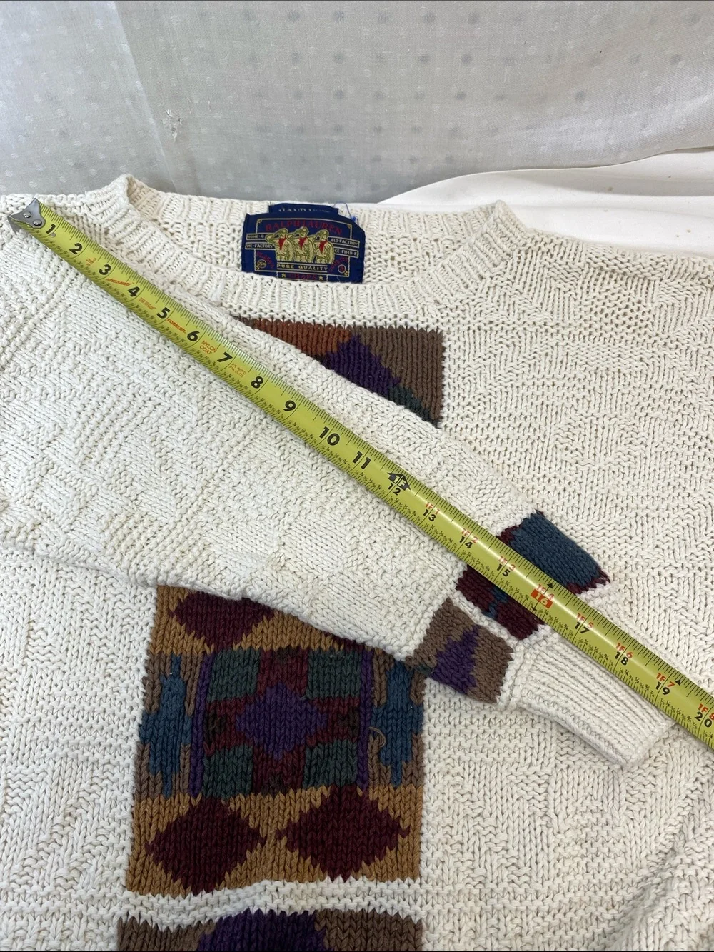 Vtg Chaps Ralph Lauren Aztec Geometric Sweater Linen Cotton Hand Knit FLAWED